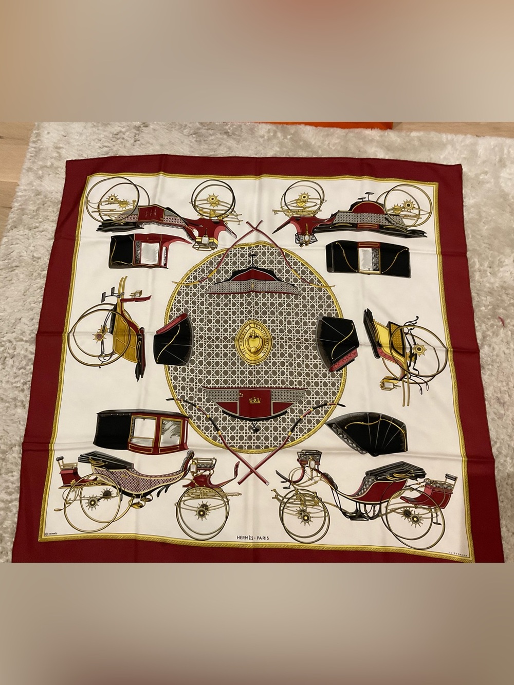 Hermes Silk Scarf in White, Red, Black, Gold